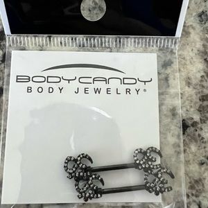 NWT Body Candy 14G Clear CZ Gem Black Amazing Om Barbell Nipple Ring Set